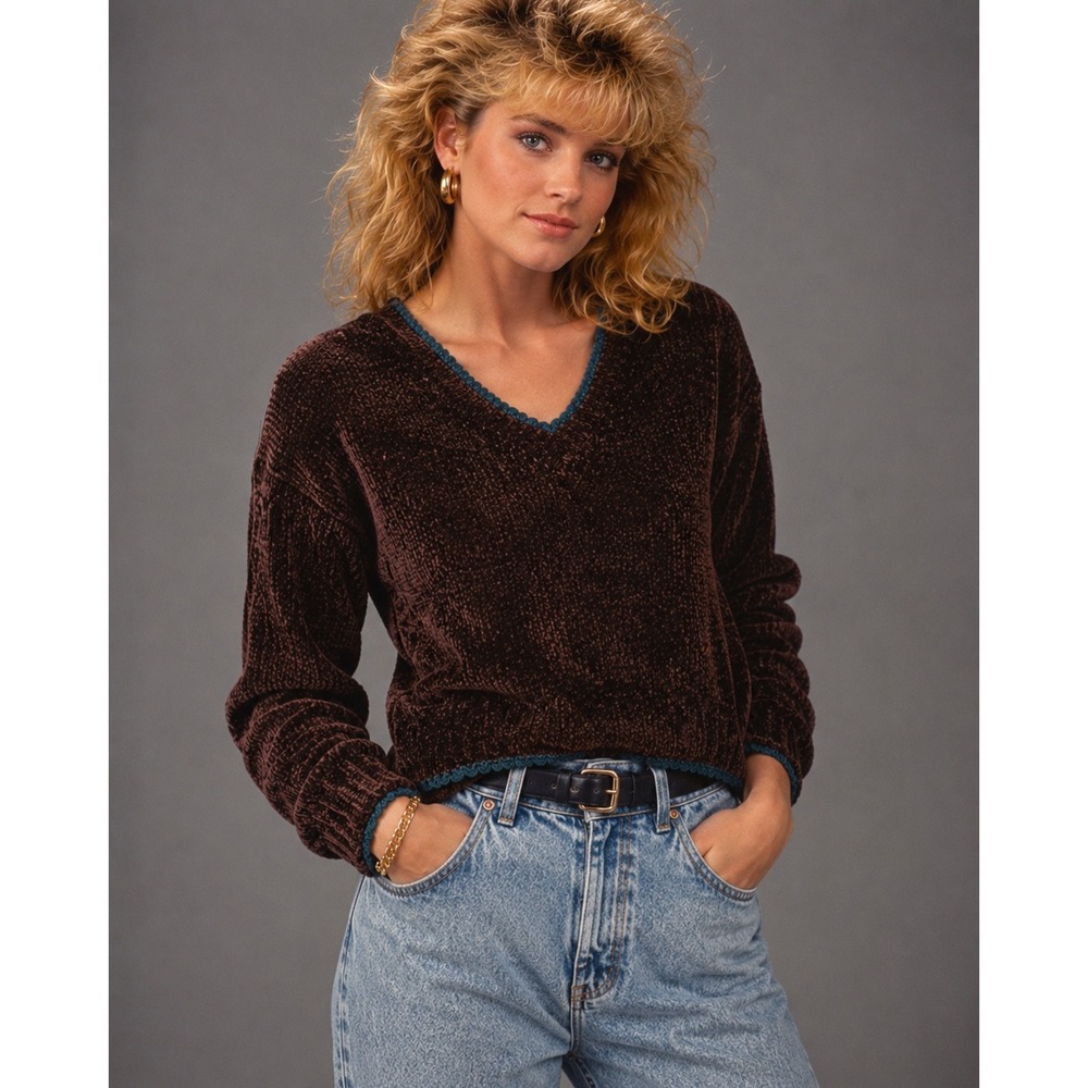 Emergency Exit Vintage 90s Brown Chenille V-Neck‎ Sweater Teal Trim Small